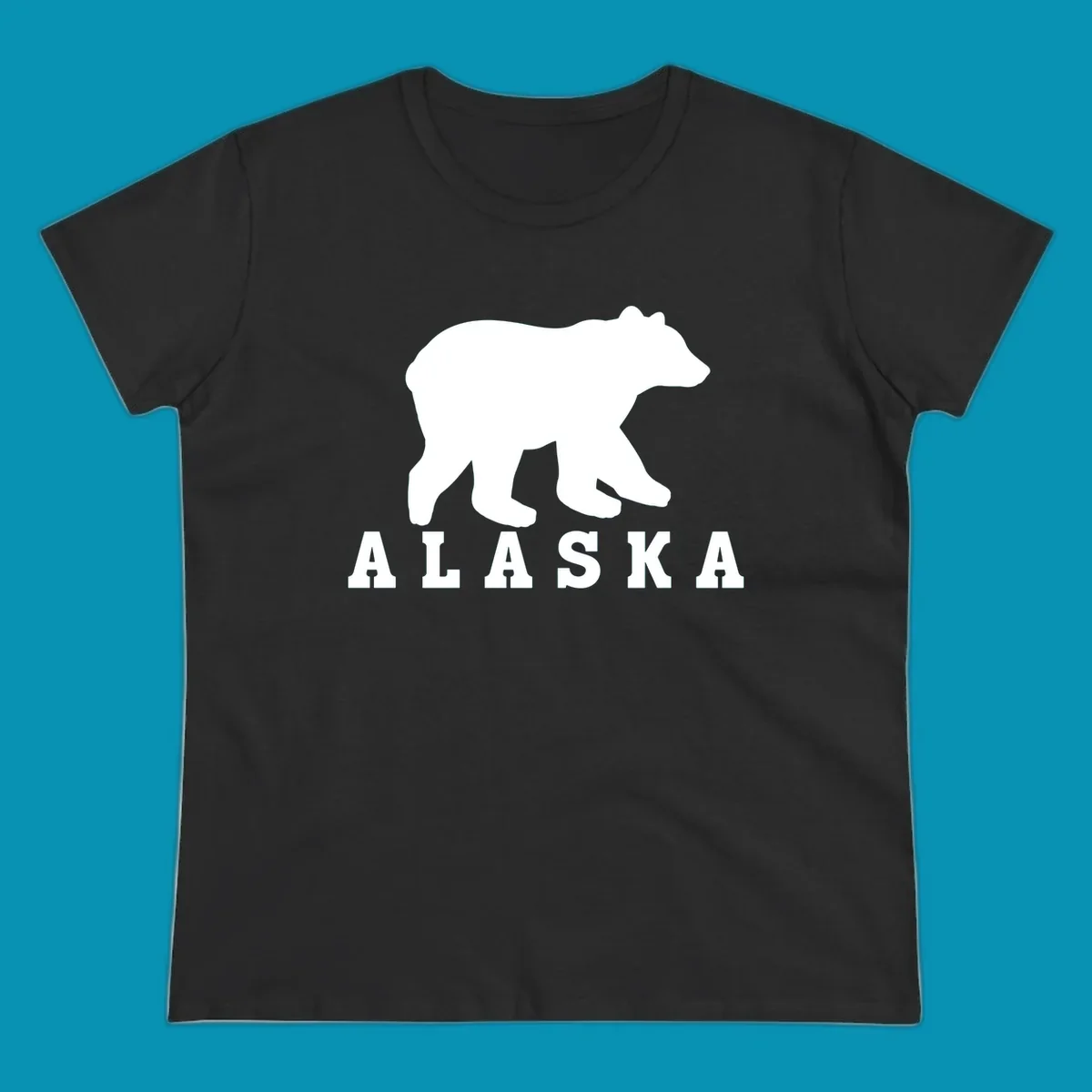 White bear silhouette standing with front paws visible, Alaska text below with pine tree accents on gray background