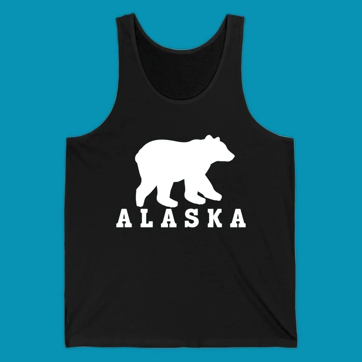 White bear silhouette standing with front paws visible, Alaska text below with pine tree accents on gray background