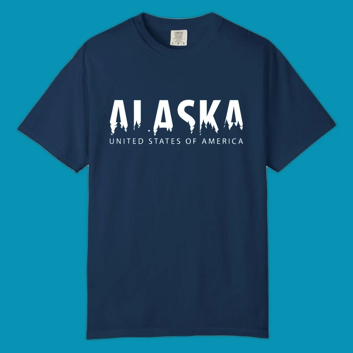 Alaska pine forest map design featuring white letters with integrated tree silhouettes and "United States of America" text on gray background