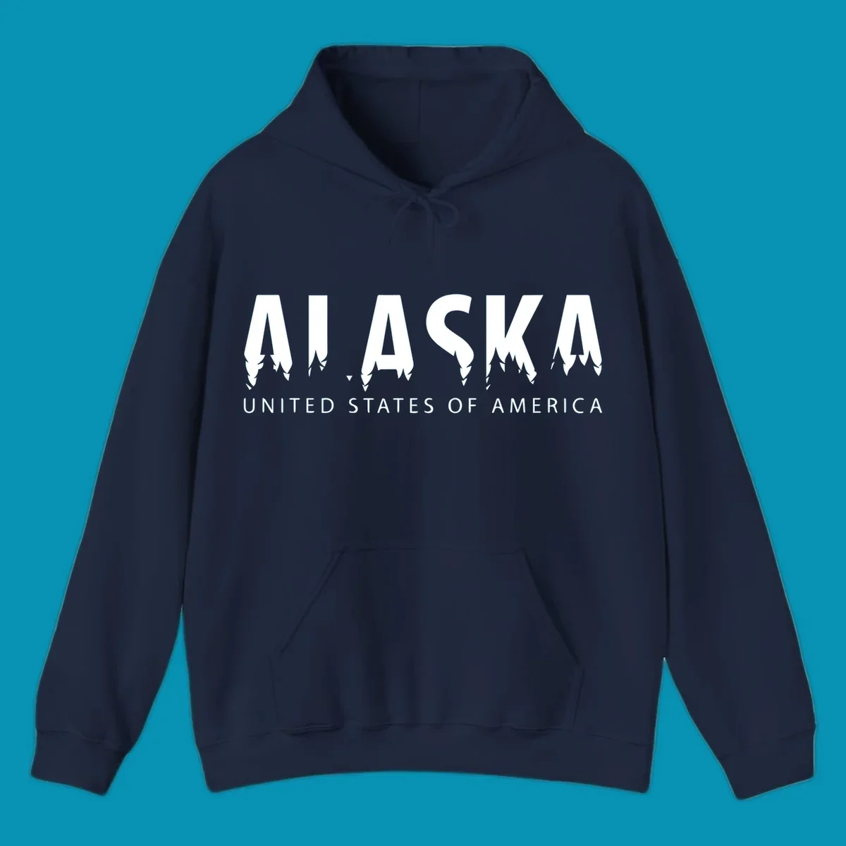 Alaska pine forest map design featuring white letters with integrated tree silhouettes and "United States of America" text on gray background
