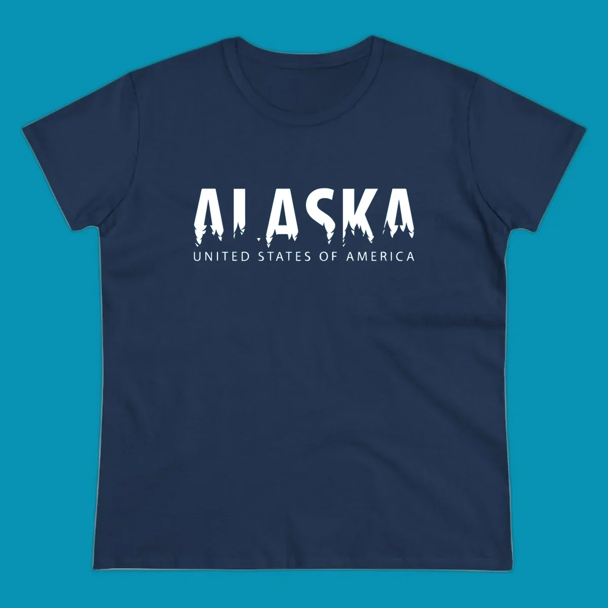 Alaska pine forest map design featuring white letters with integrated tree silhouettes and "United States of America" text on gray background