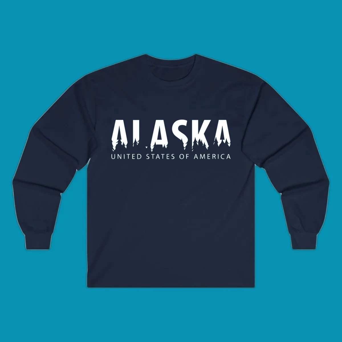 Alaska pine forest map design featuring white letters with integrated tree silhouettes and "United States of America" text on gray background