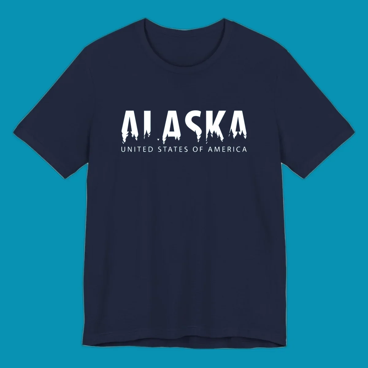 Alaska pine forest map design featuring white letters with integrated tree silhouettes and "United States of America" text on gray background