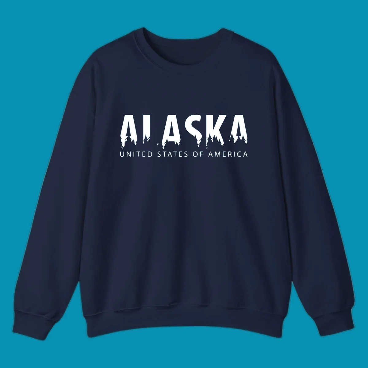 Alaska pine forest map design featuring white letters with integrated tree silhouettes and "United States of America" text on gray background