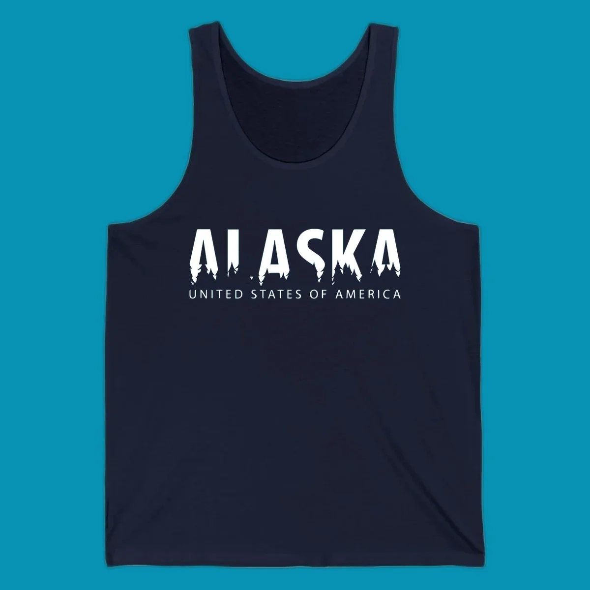 Alaska pine forest map design featuring white letters with integrated tree silhouettes and "United States of America" text on gray background