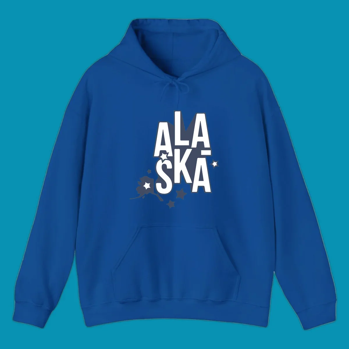 Alaska adventure lettering design with bold outlined text, decorative stars, and botanical accents in navy and white