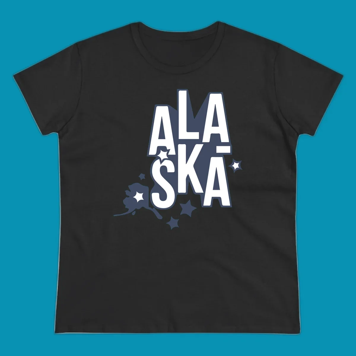 Alaska adventure lettering design with bold outlined text, decorative stars, and botanical accents in navy and white