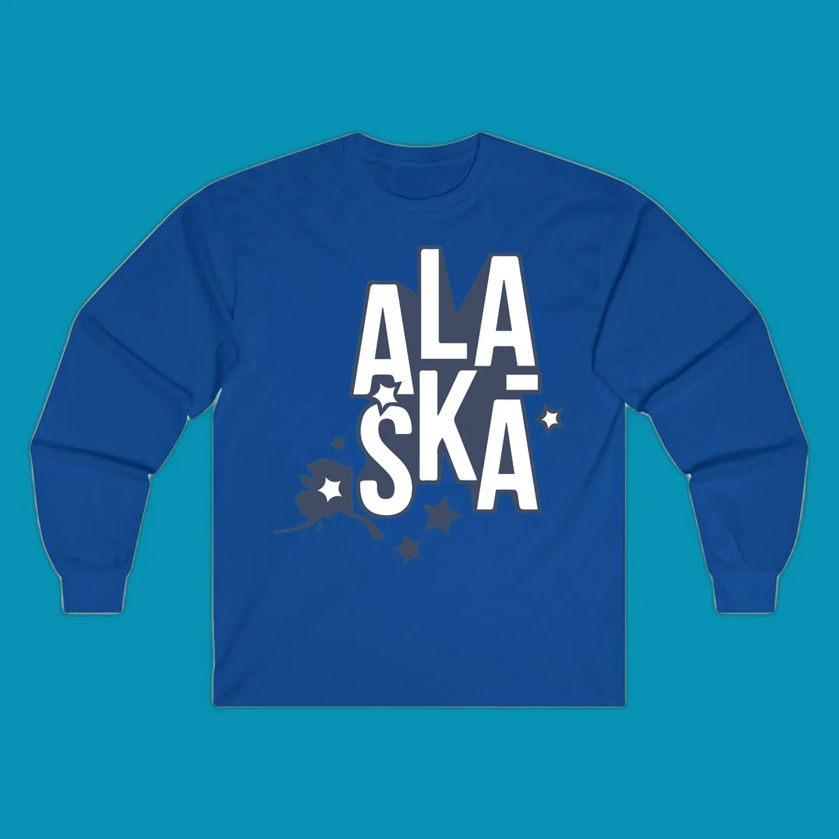 Alaska adventure lettering design with bold outlined text, decorative stars, and botanical accents in navy and white