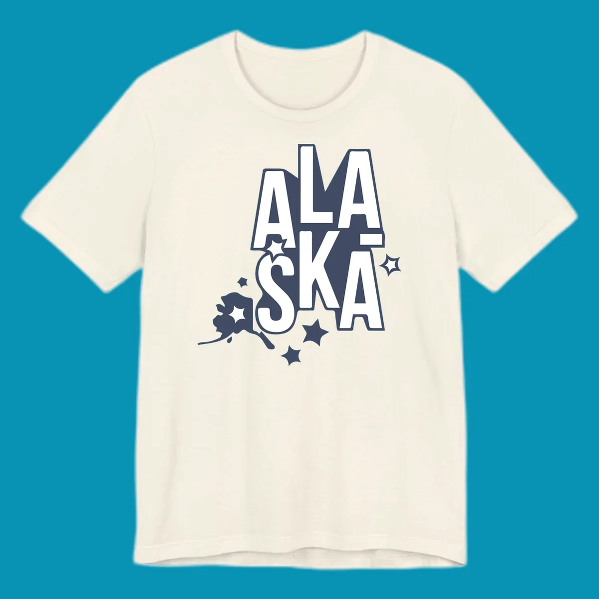 Alaska adventure lettering design with bold outlined text, decorative stars, and botanical accents in navy and white