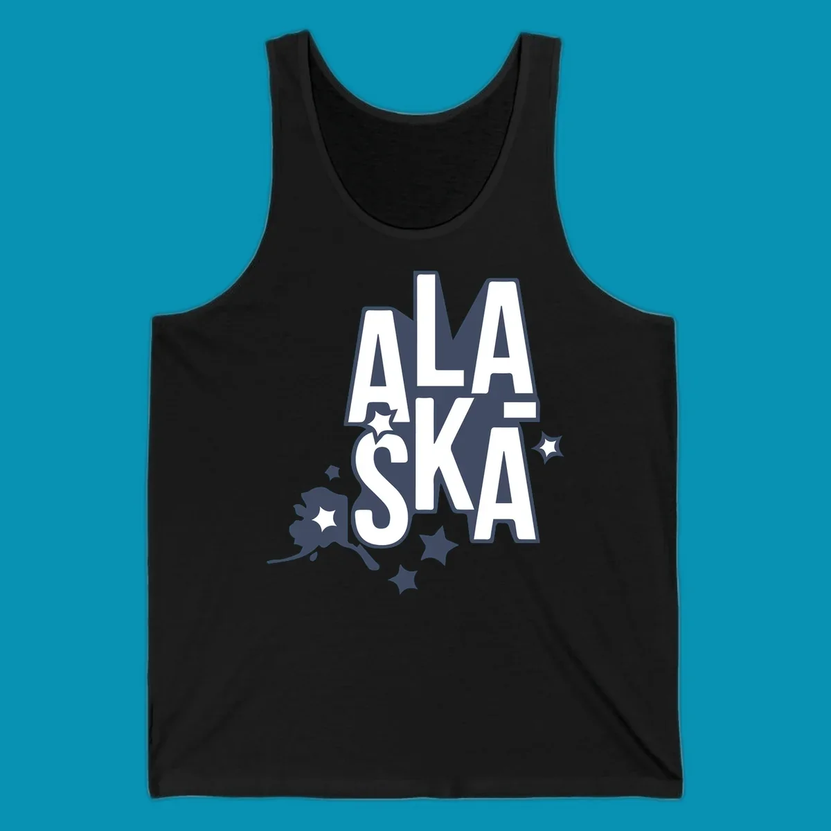 Alaska adventure lettering design with bold outlined text, decorative stars, and botanical accents in navy and white