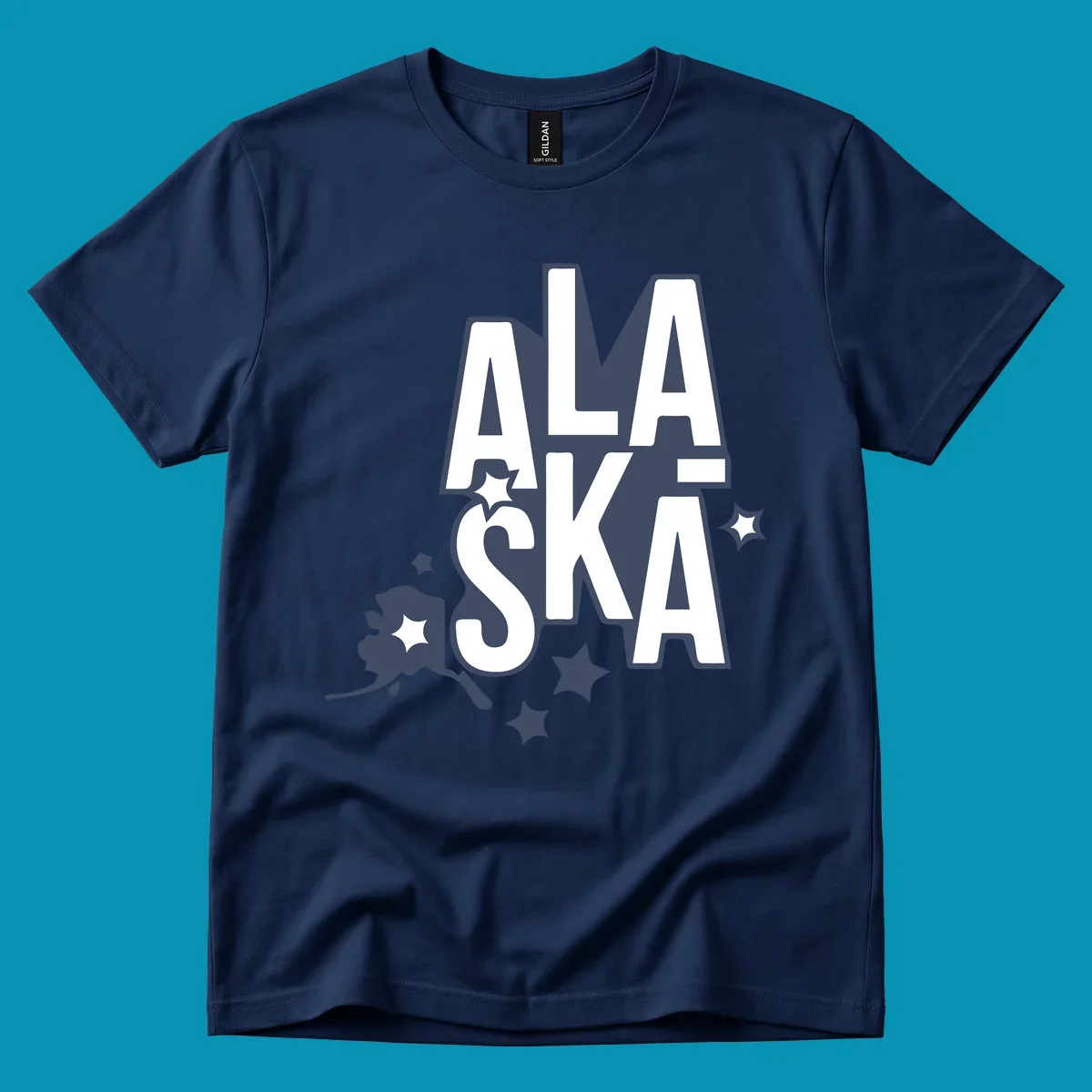 Alaska adventure lettering design with bold outlined text, decorative stars, and botanical accents in navy and white