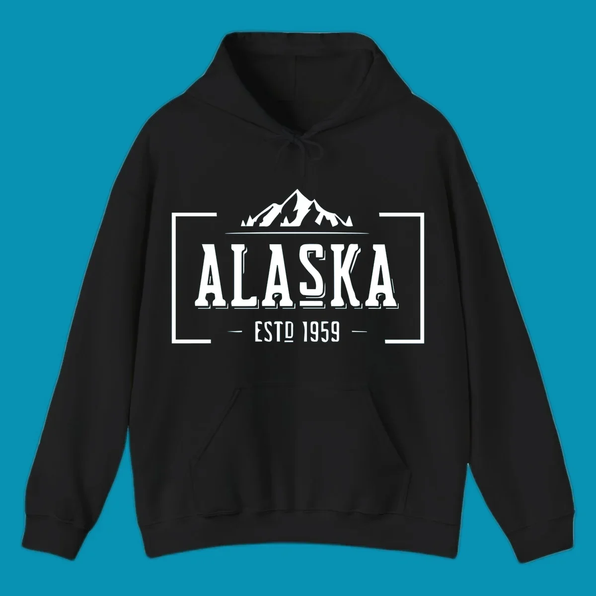 Vintage Alaska mountain badge with snow-capped peaks, evergreen trees, and established 1959 text in white on gray background