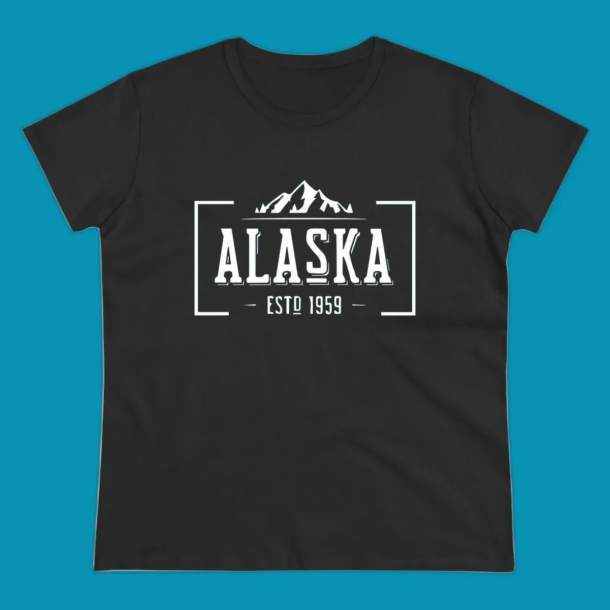Vintage Alaska mountain badge with snow-capped peaks, evergreen trees, and established 1959 text in white on gray background