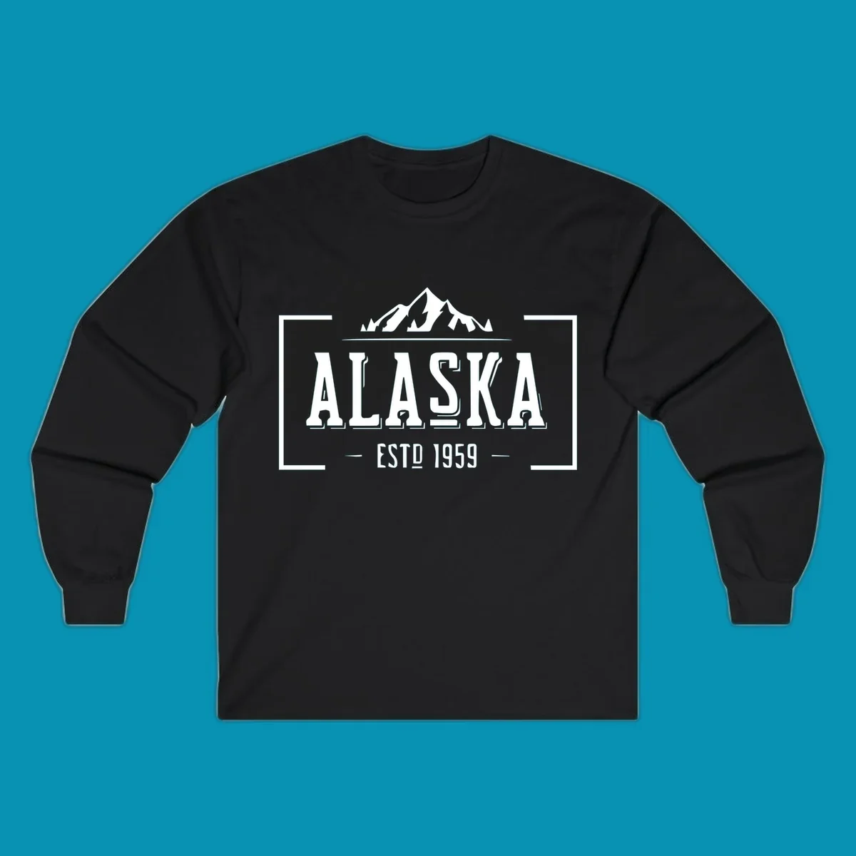 Vintage Alaska mountain badge with snow-capped peaks, evergreen trees, and established 1959 text in white on gray background