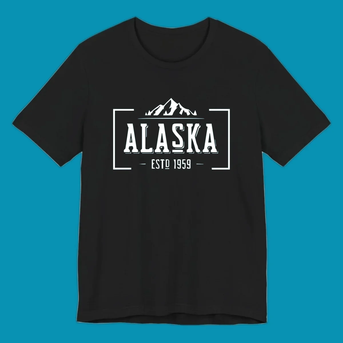 Vintage Alaska mountain badge with snow-capped peaks, evergreen trees, and established 1959 text in white on gray background
