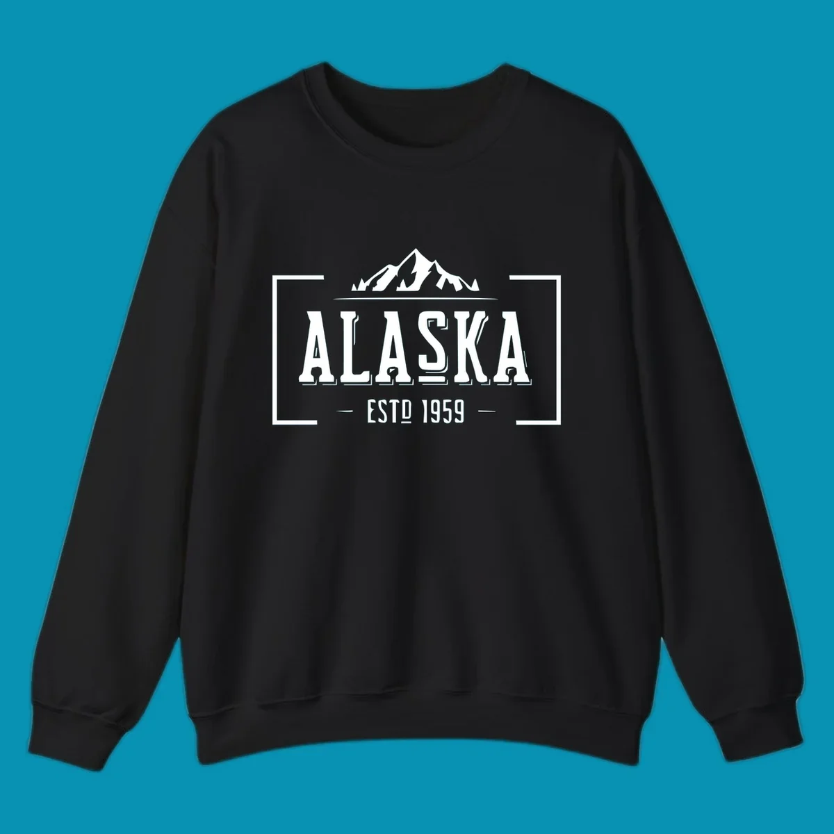 Vintage Alaska mountain badge with snow-capped peaks, evergreen trees, and established 1959 text in white on gray background