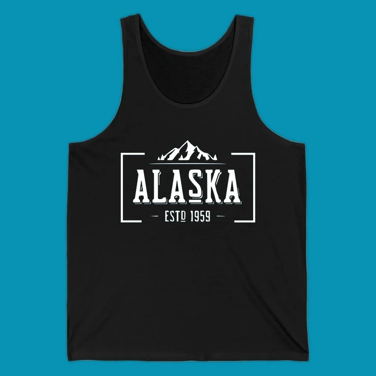 Vintage Alaska mountain badge with snow-capped peaks, evergreen trees, and established 1959 text in white on gray background