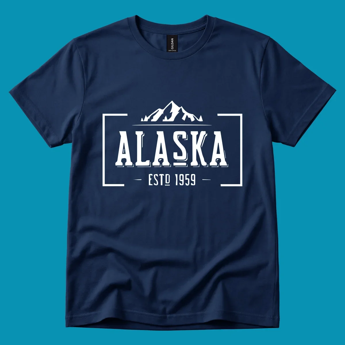 Vintage Alaska mountain badge with snow-capped peaks, evergreen trees, and established 1959 text in white on gray background