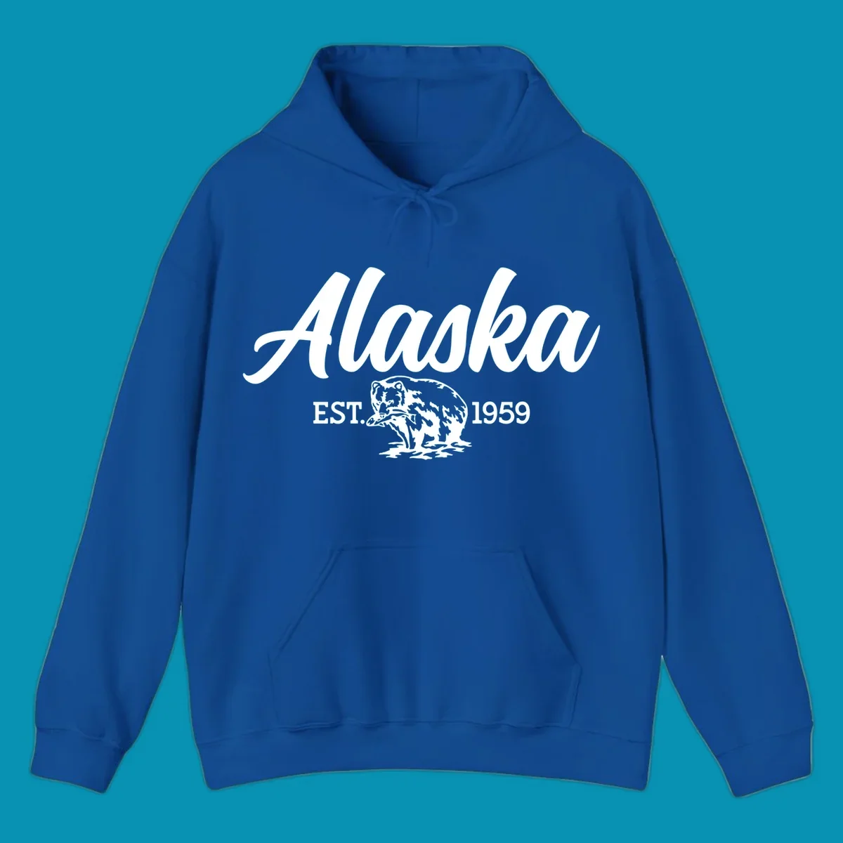 Vintage-style alaskan bear badge design with script lettering and established 1959 date on gray background