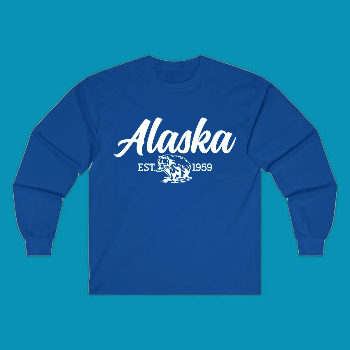 Vintage-style alaskan bear badge design with script lettering and established 1959 date on gray background