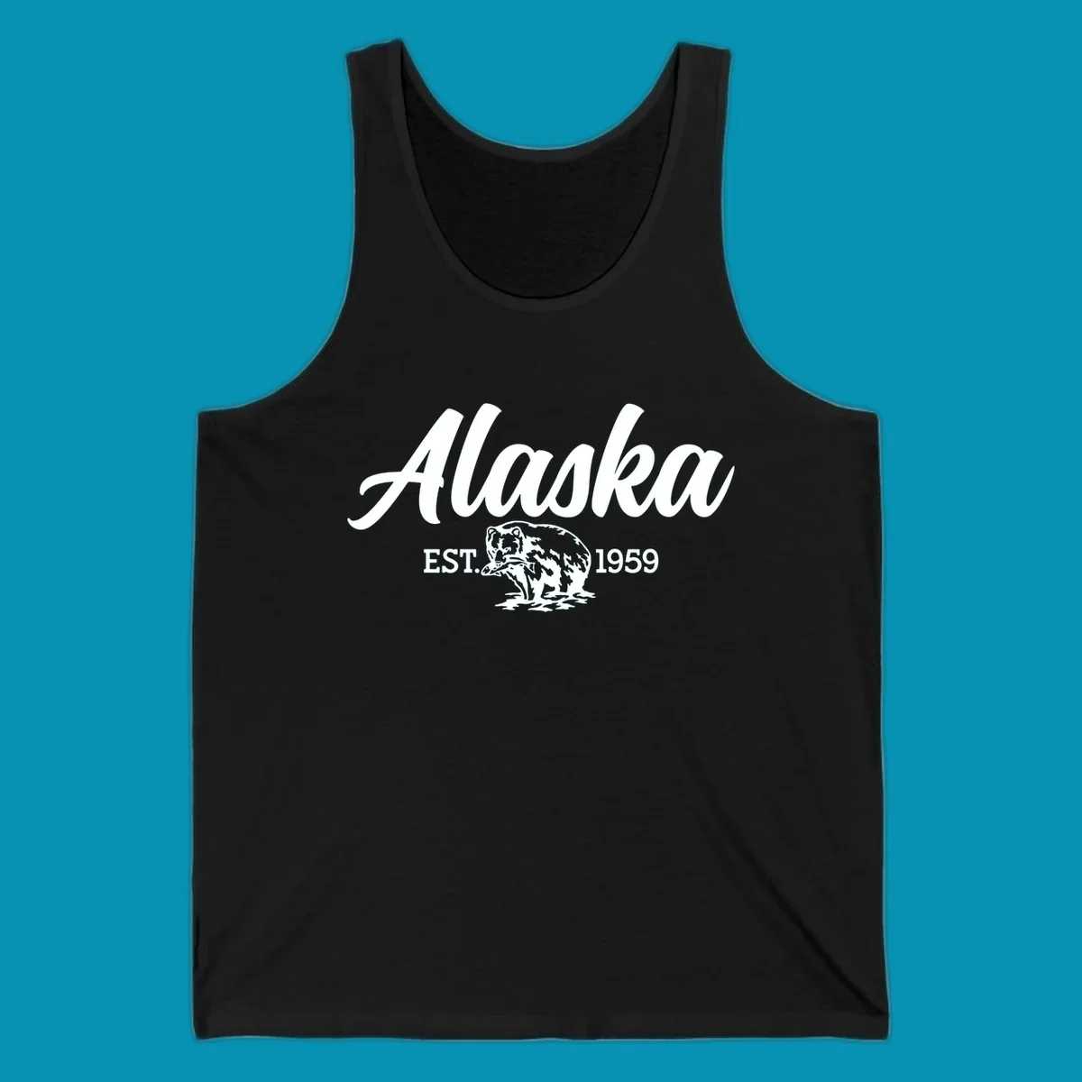 Vintage-style alaskan bear badge design with script lettering and established 1959 date on gray background