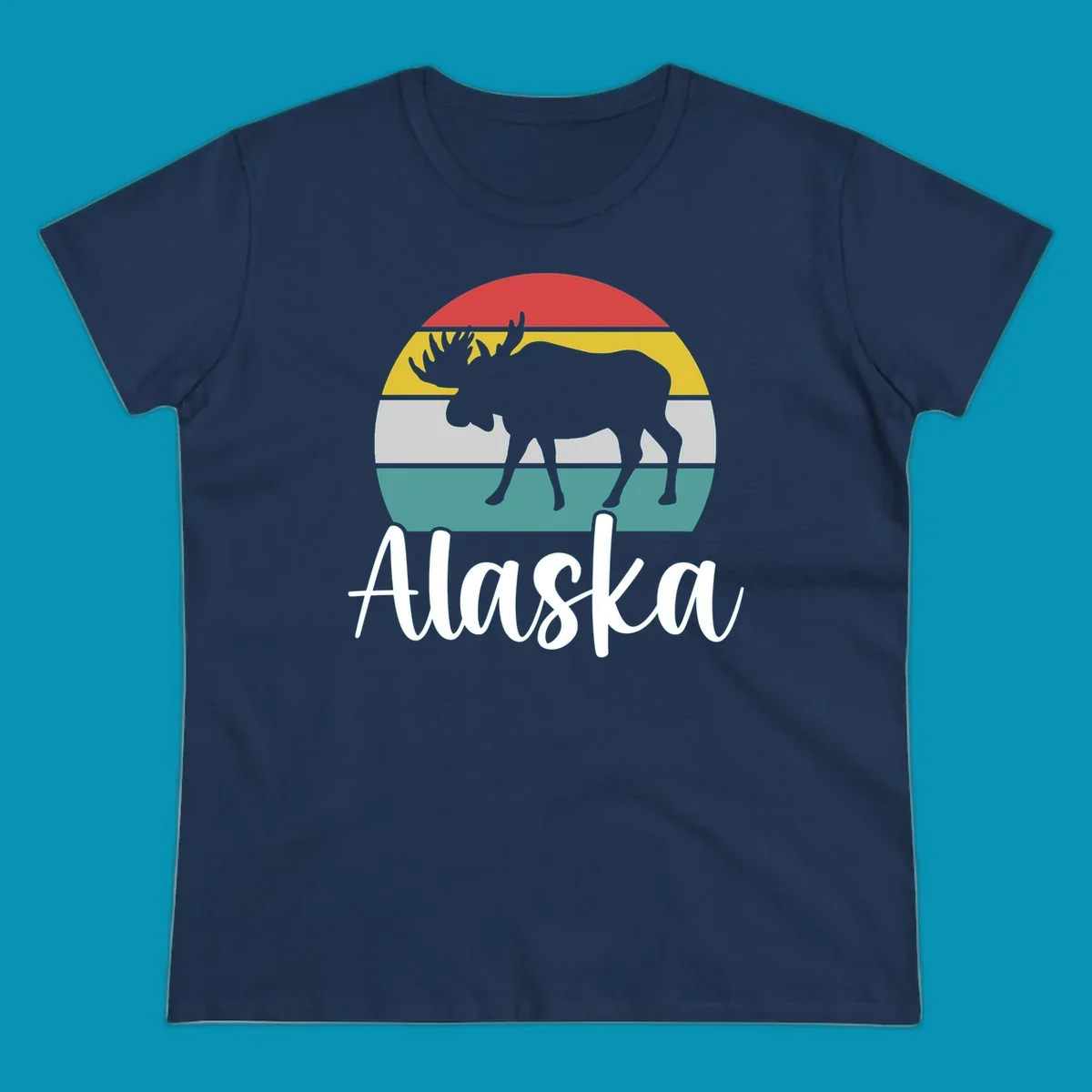 White moose silhouette against red, gold, gray, and teal horizontal stripes in a circular badge design representing Alaska mountains and wildlife.