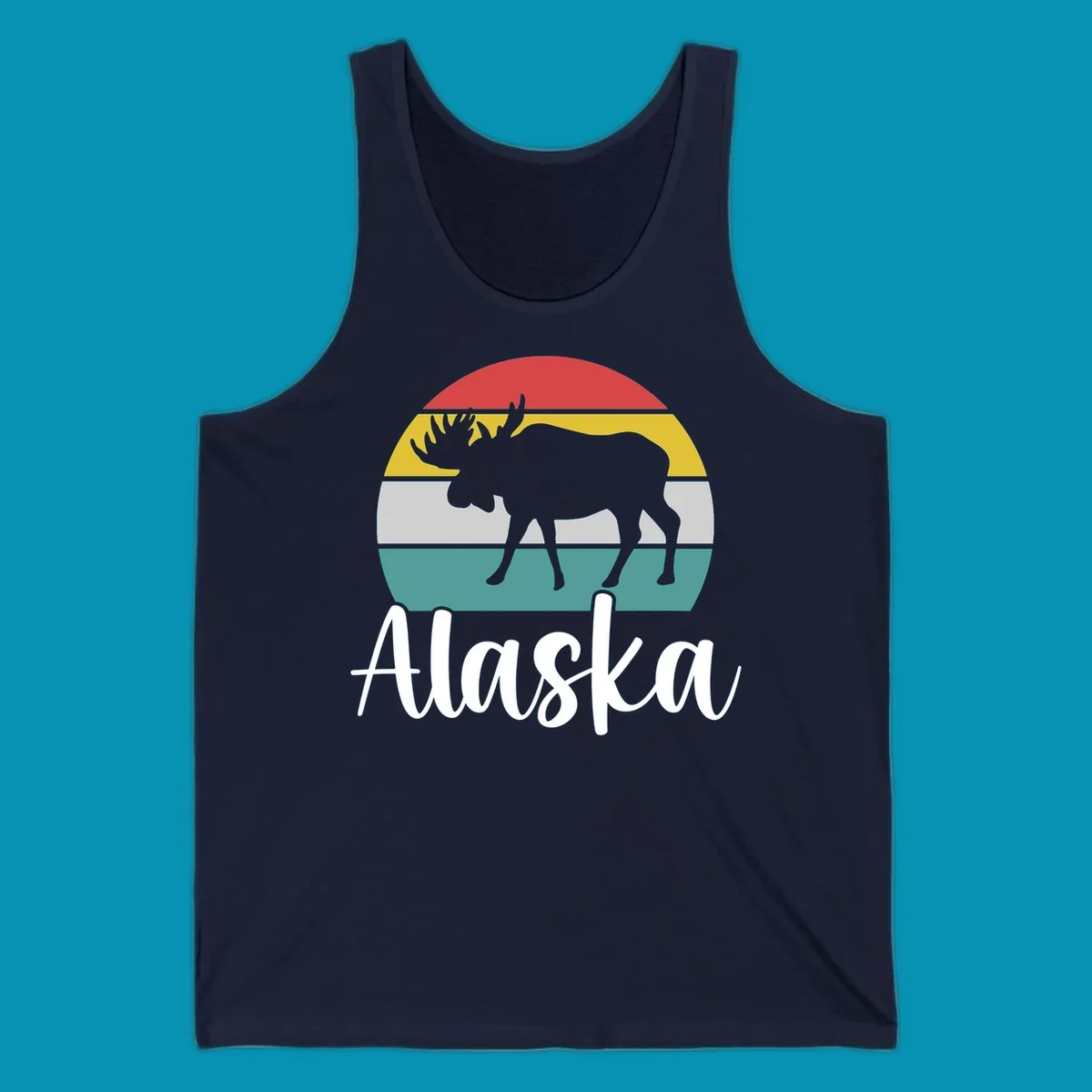 White moose silhouette against red, gold, gray, and teal horizontal stripes in a circular badge design representing Alaska mountains and wildlife.