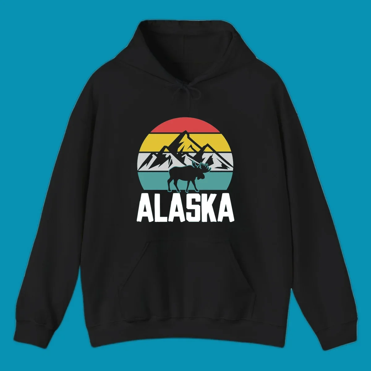 Moose mountain Alaska badge with white moose silhouette, snow peaks, and horizontal landscape stripes in red, gold, gray, and teal.