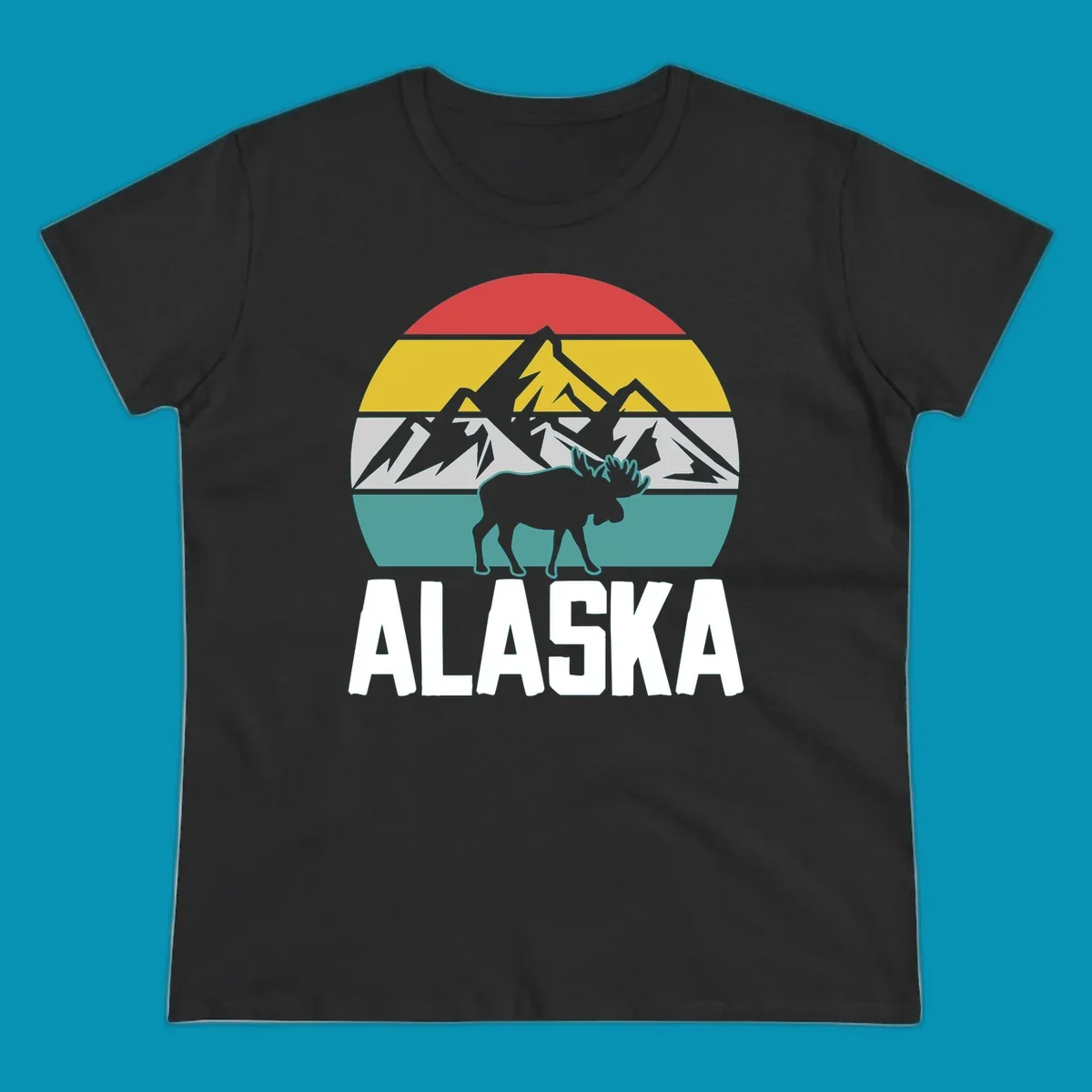Moose mountain Alaska badge with white moose silhouette, snow peaks, and horizontal landscape stripes in red, gold, gray, and teal.