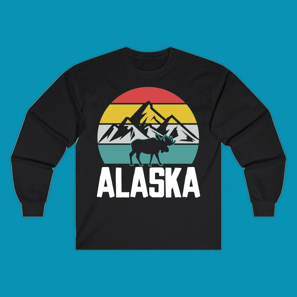 Moose mountain Alaska badge with white moose silhouette, snow peaks, and horizontal landscape stripes in red, gold, gray, and teal.