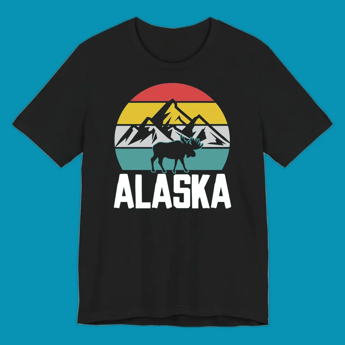 Moose mountain Alaska badge with white moose silhouette, snow peaks, and horizontal landscape stripes in red, gold, gray, and teal.