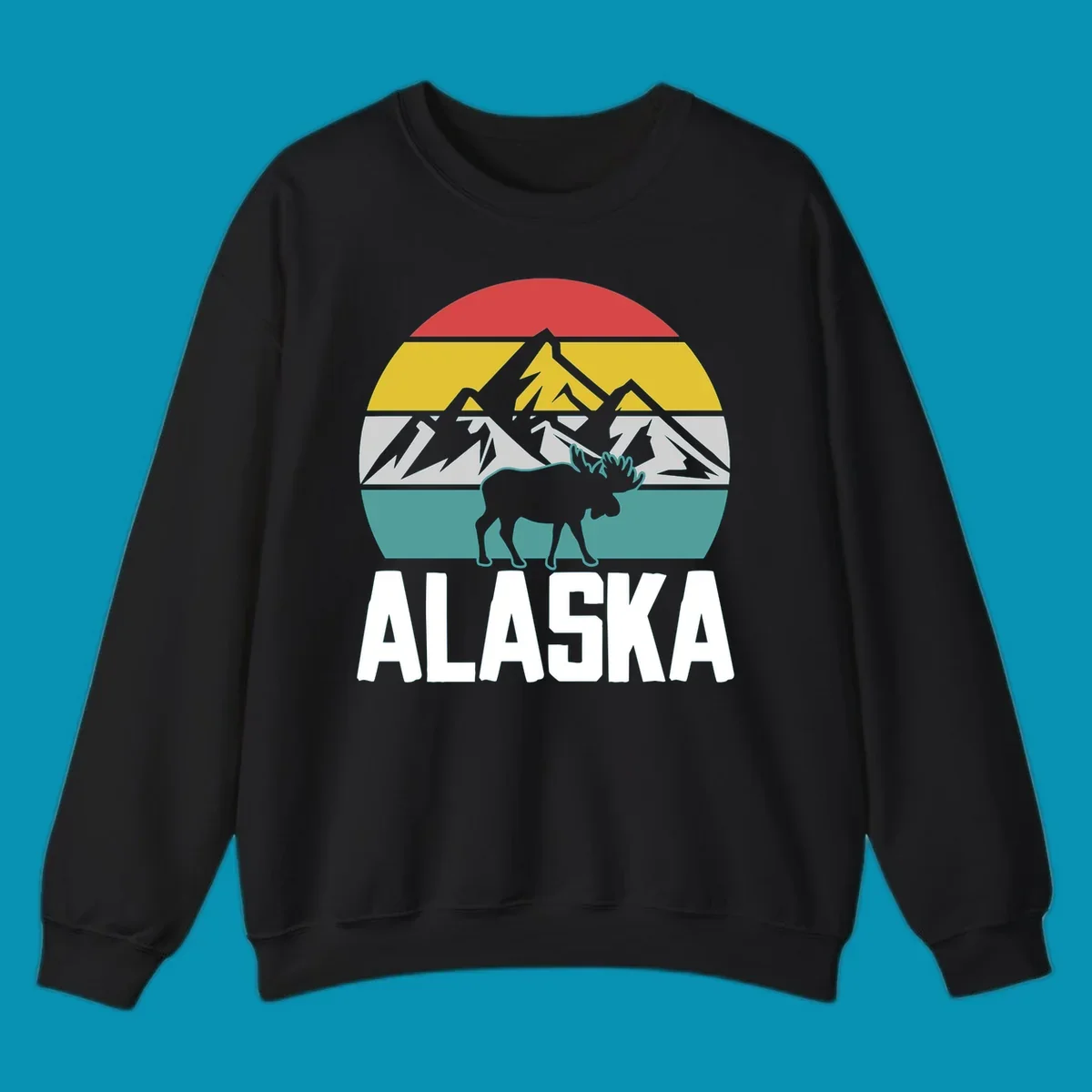 Moose mountain Alaska badge with white moose silhouette, snow peaks, and horizontal landscape stripes in red, gold, gray, and teal.