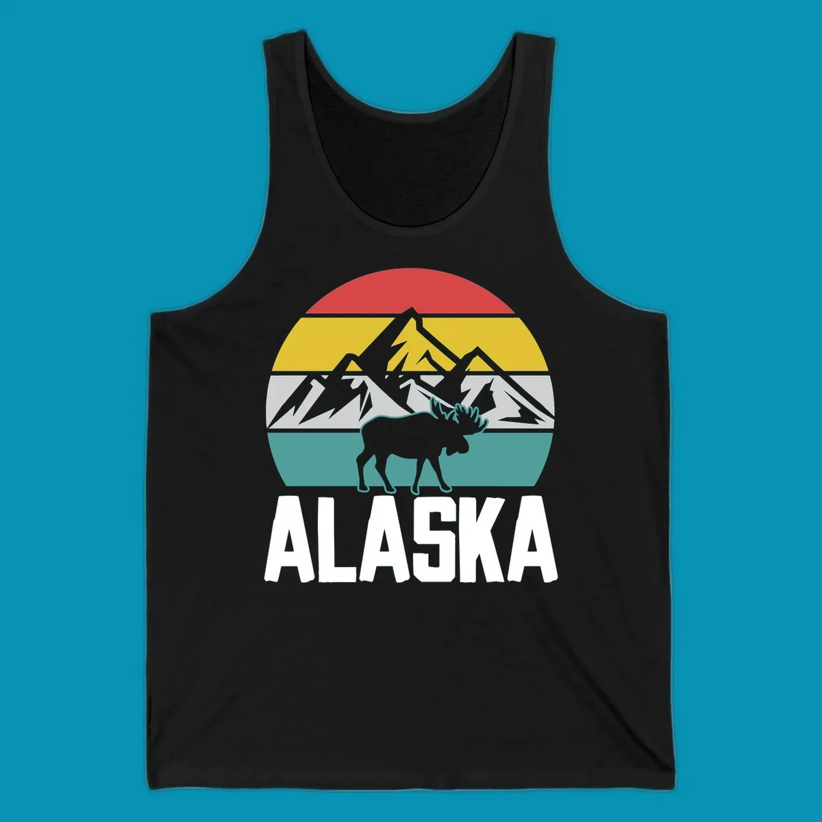 Moose mountain Alaska badge with white moose silhouette, snow peaks, and horizontal landscape stripes in red, gold, gray, and teal.