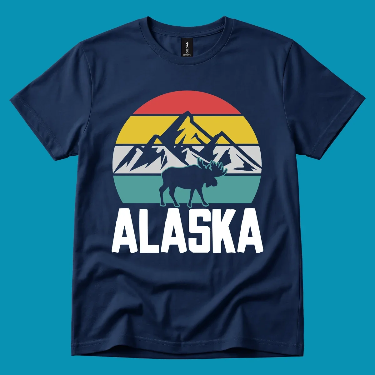 Moose mountain Alaska badge with white moose silhouette, snow peaks, and horizontal landscape stripes in red, gold, gray, and teal.