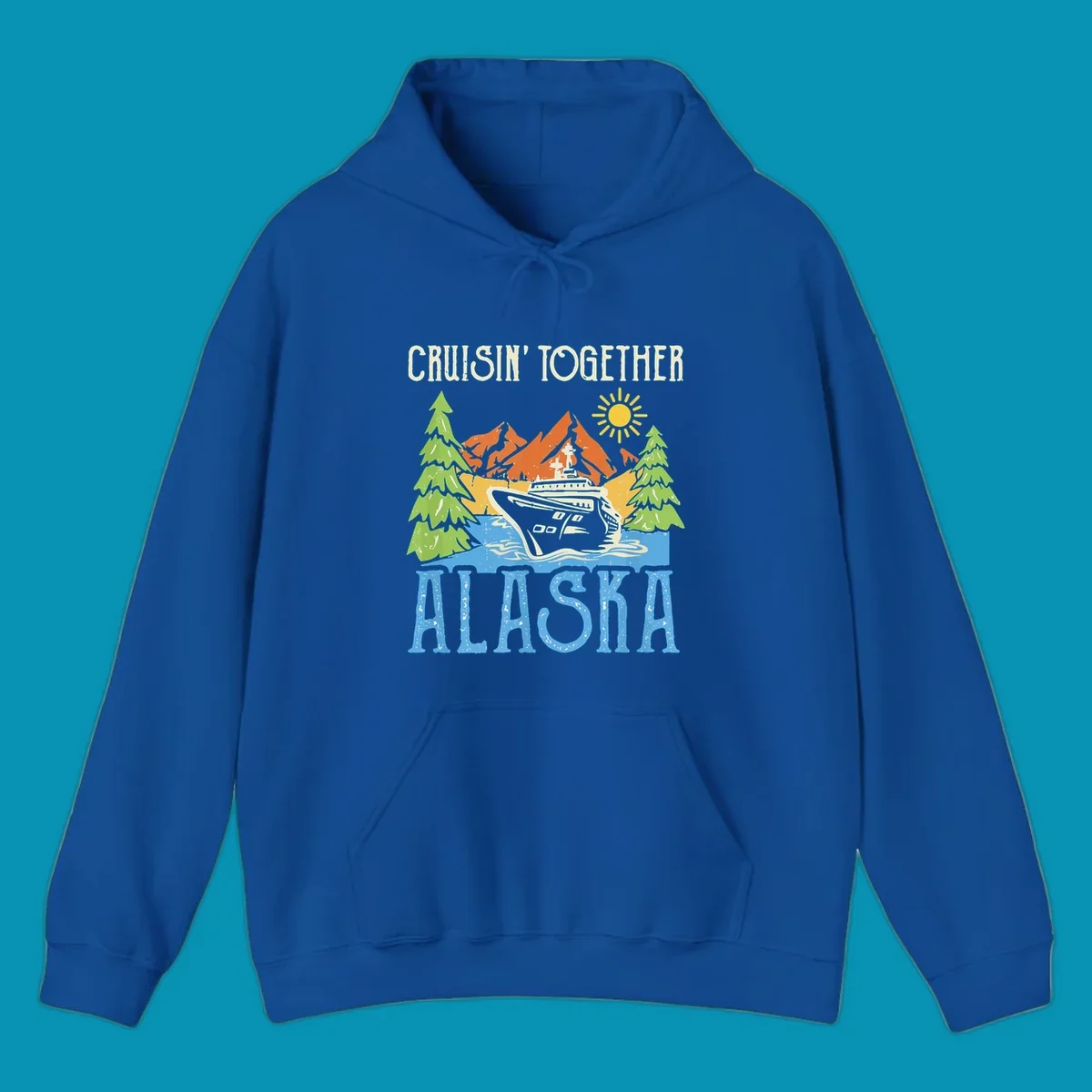 Cruisin' Together Alaska design featuring a cruise ship in front of snow-capped mountains, evergreen trees, and bright sun with distressed lettering
