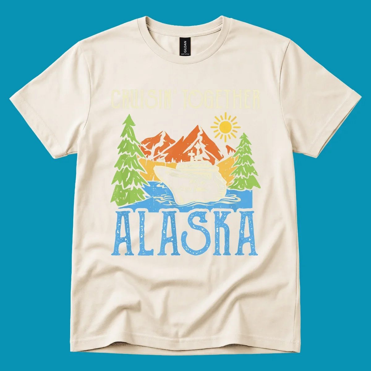 Cruisin' Together Alaska design featuring a cruise ship in front of snow-capped mountains, evergreen trees, and bright sun with distressed lettering