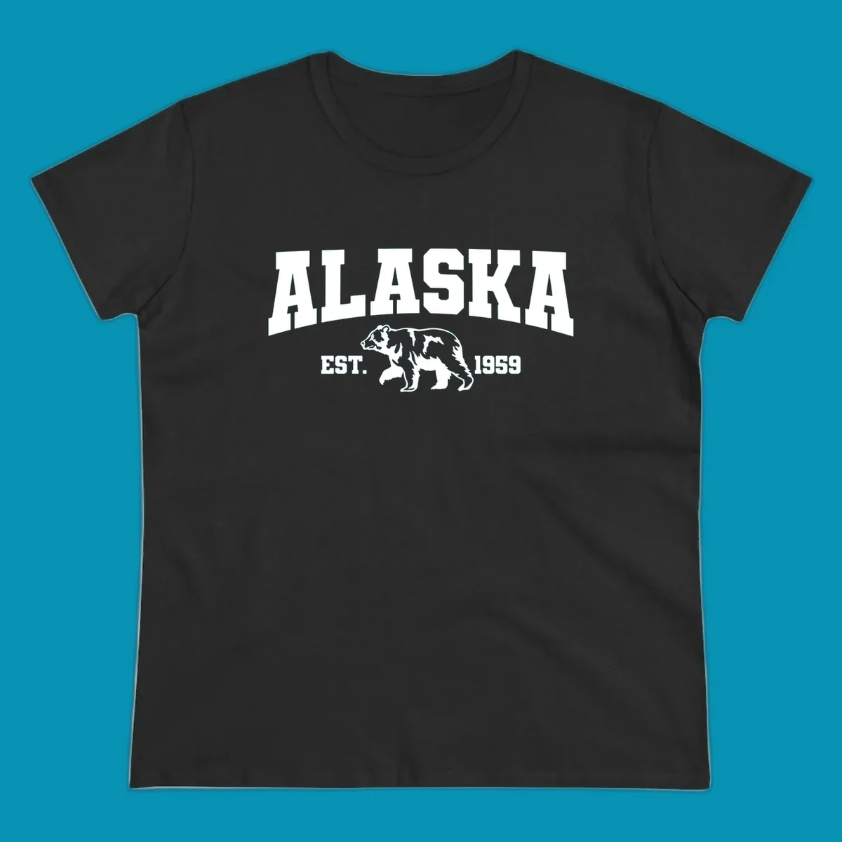 Vintage-style Alaska bear design with distressed lettering, established 1959, featuring pine trees and wildlife illustration