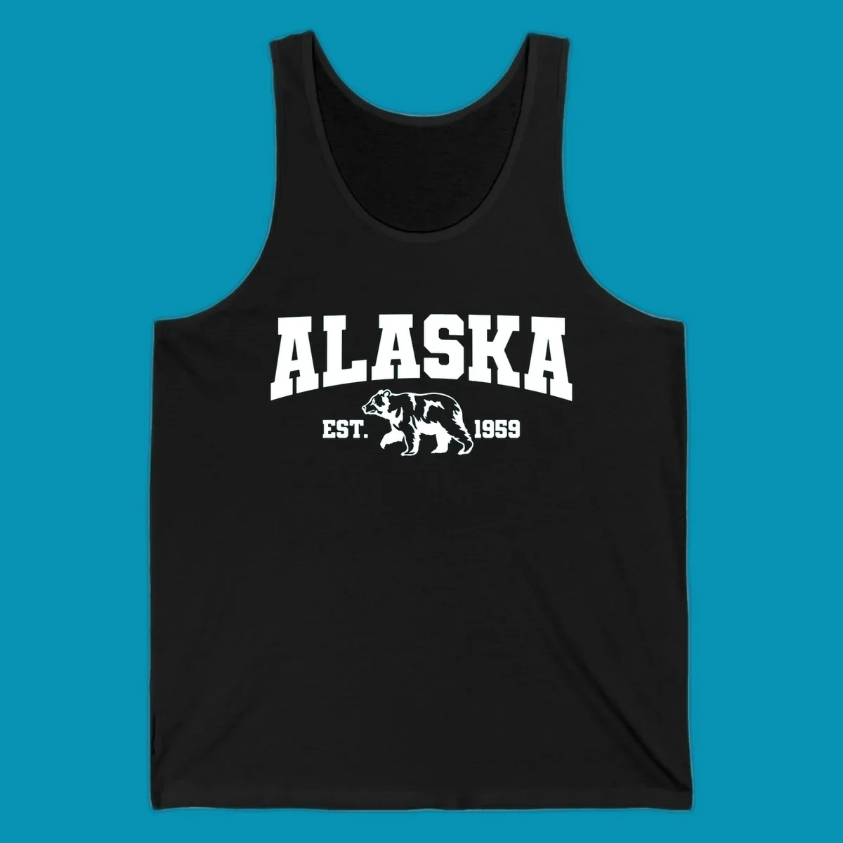 Vintage-style Alaska bear design with distressed lettering, established 1959, featuring pine trees and wildlife illustration