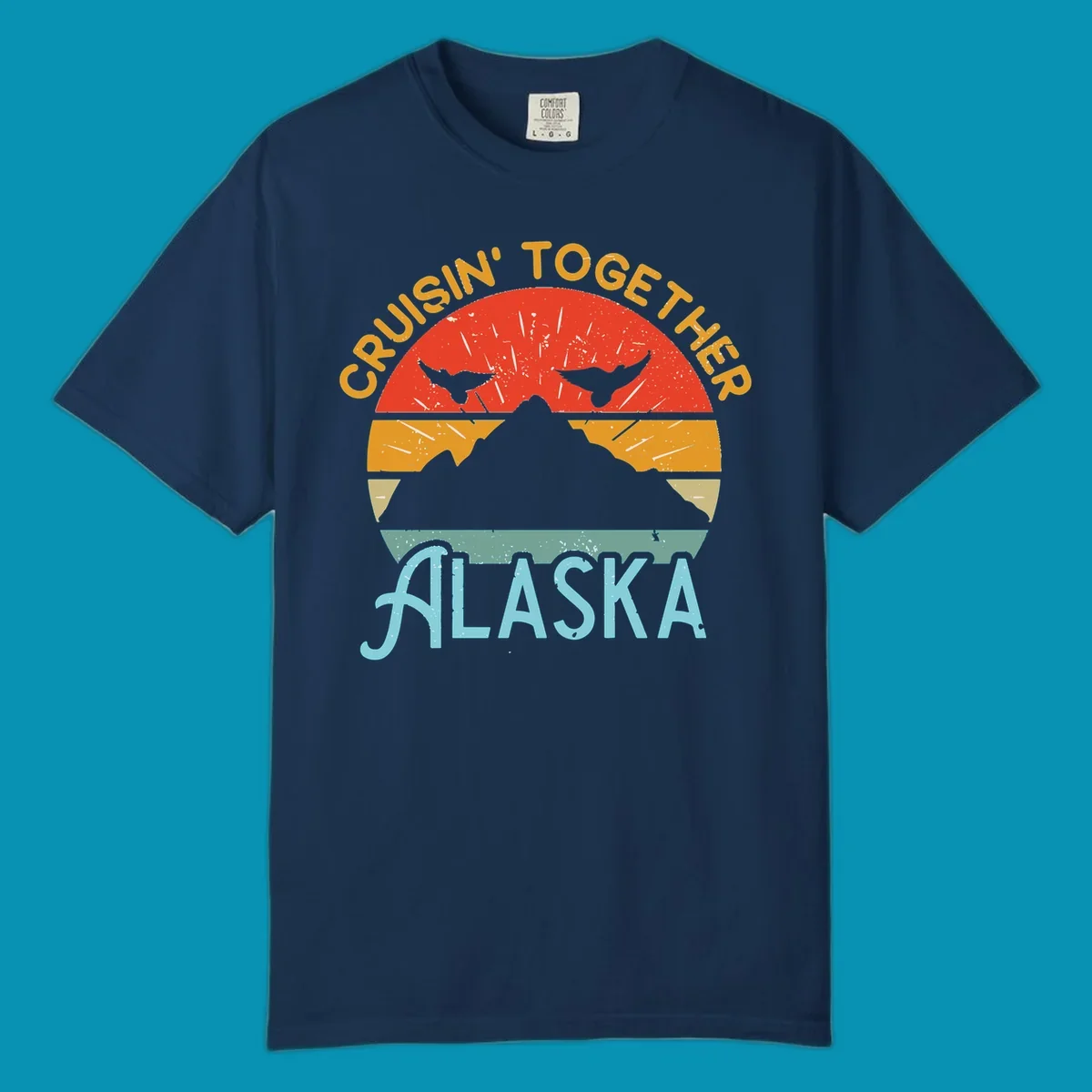 Retro vintage crab design with 'Crushin' Together Alaska' text in distressed style with horizontal color stripes