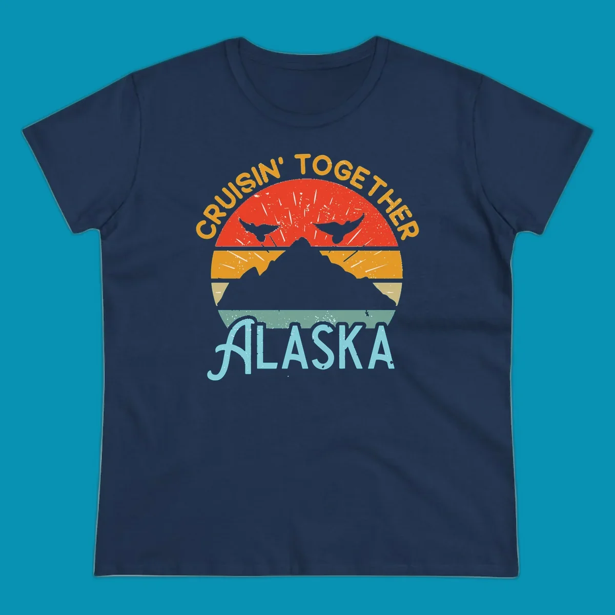 Retro vintage crab design with 'Crushin' Together Alaska' text in distressed style with horizontal color stripes