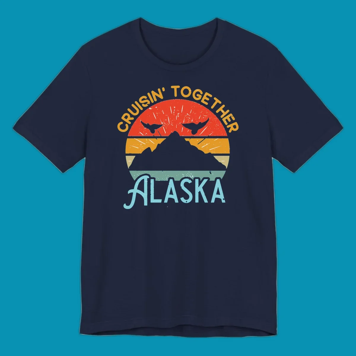 Retro vintage crab design with 'Crushin' Together Alaska' text in distressed style with horizontal color stripes