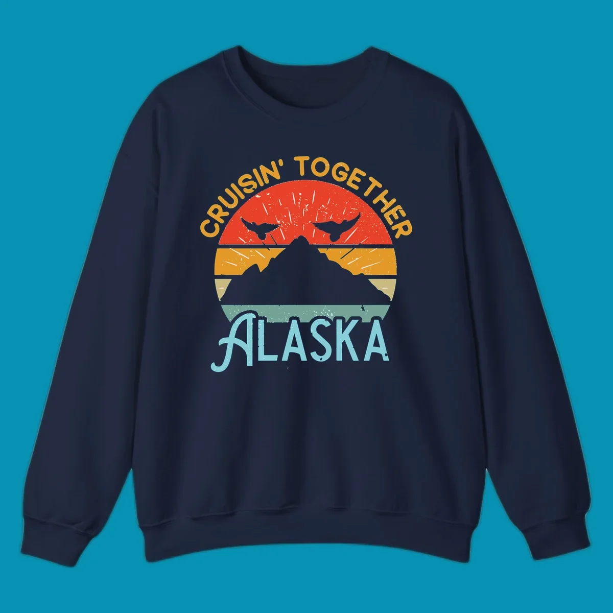 Retro vintage crab design with 'Crushin' Together Alaska' text in distressed style with horizontal color stripes