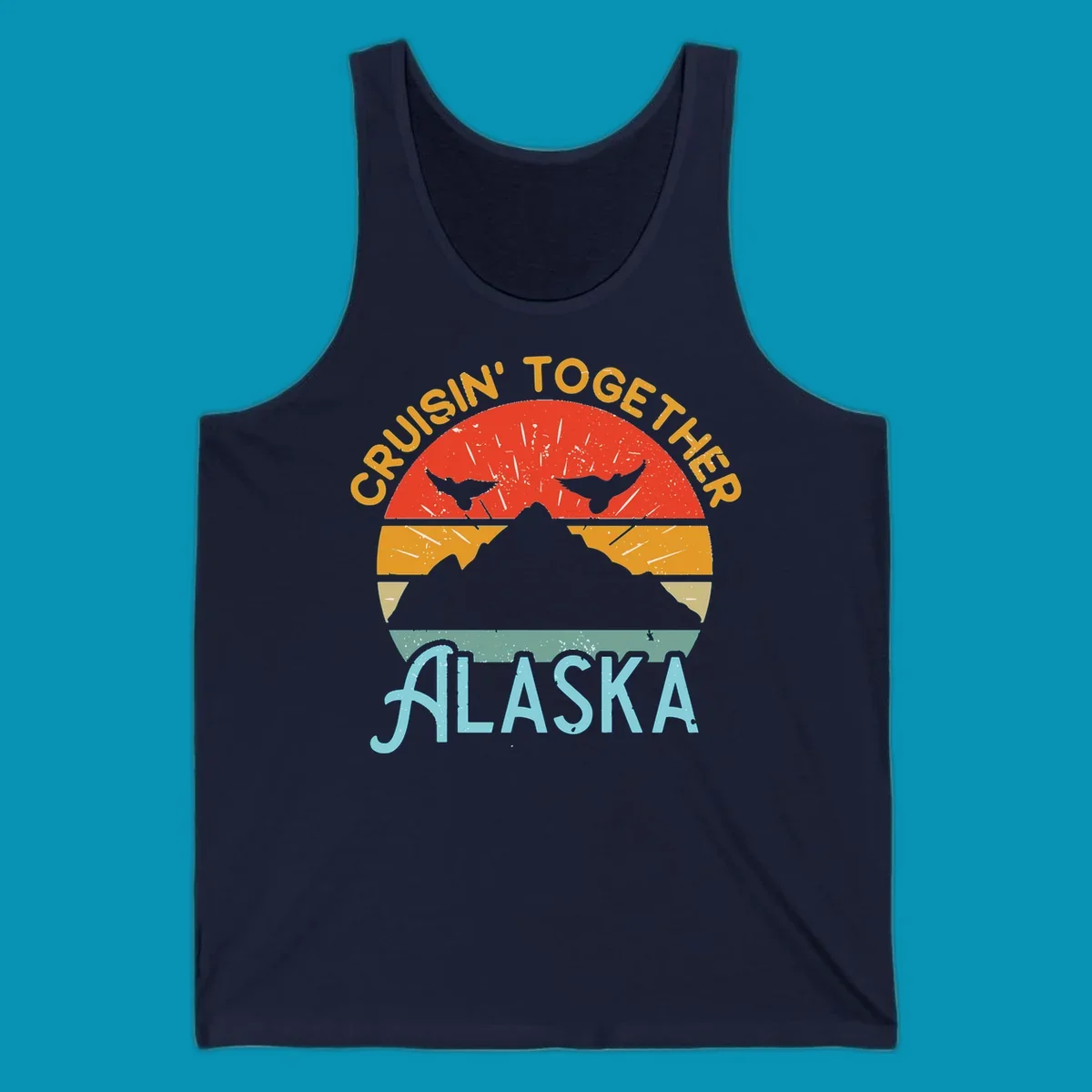 Retro vintage crab design with 'Crushin' Together Alaska' text in distressed style with horizontal color stripes