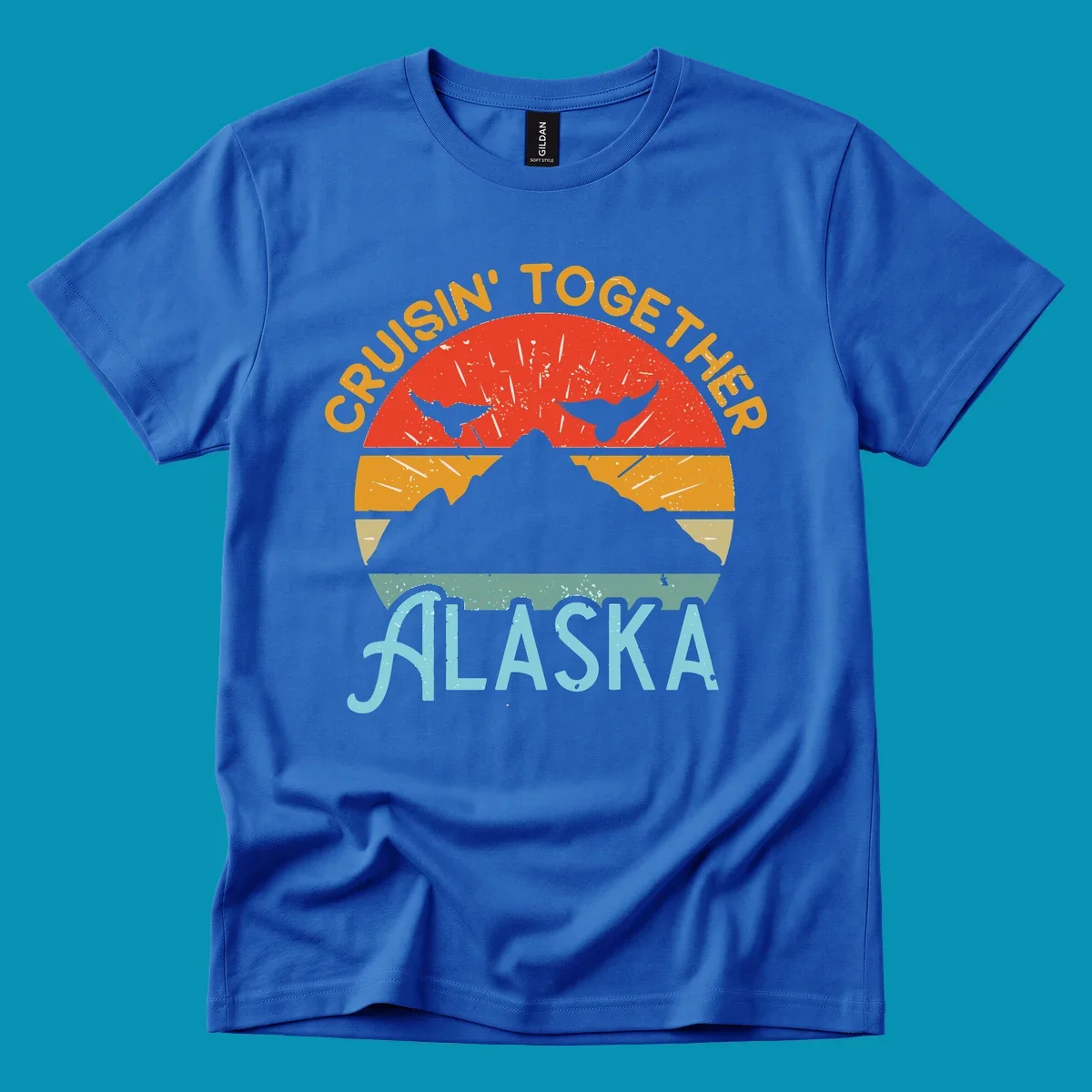 Retro vintage crab design with 'Crushin' Together Alaska' text in distressed style with horizontal color stripes