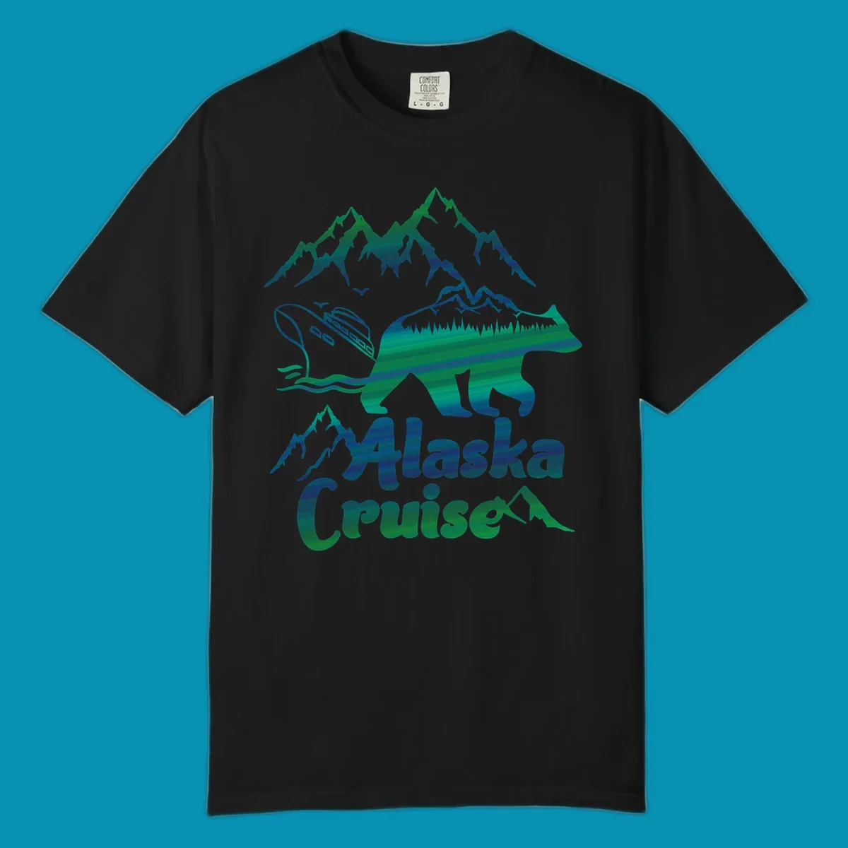 Bear silhouette filled with layered Alaska landscape imagery including mountains, cruise ship, forest, and ocean waves with 'Alaska Cruise' text below