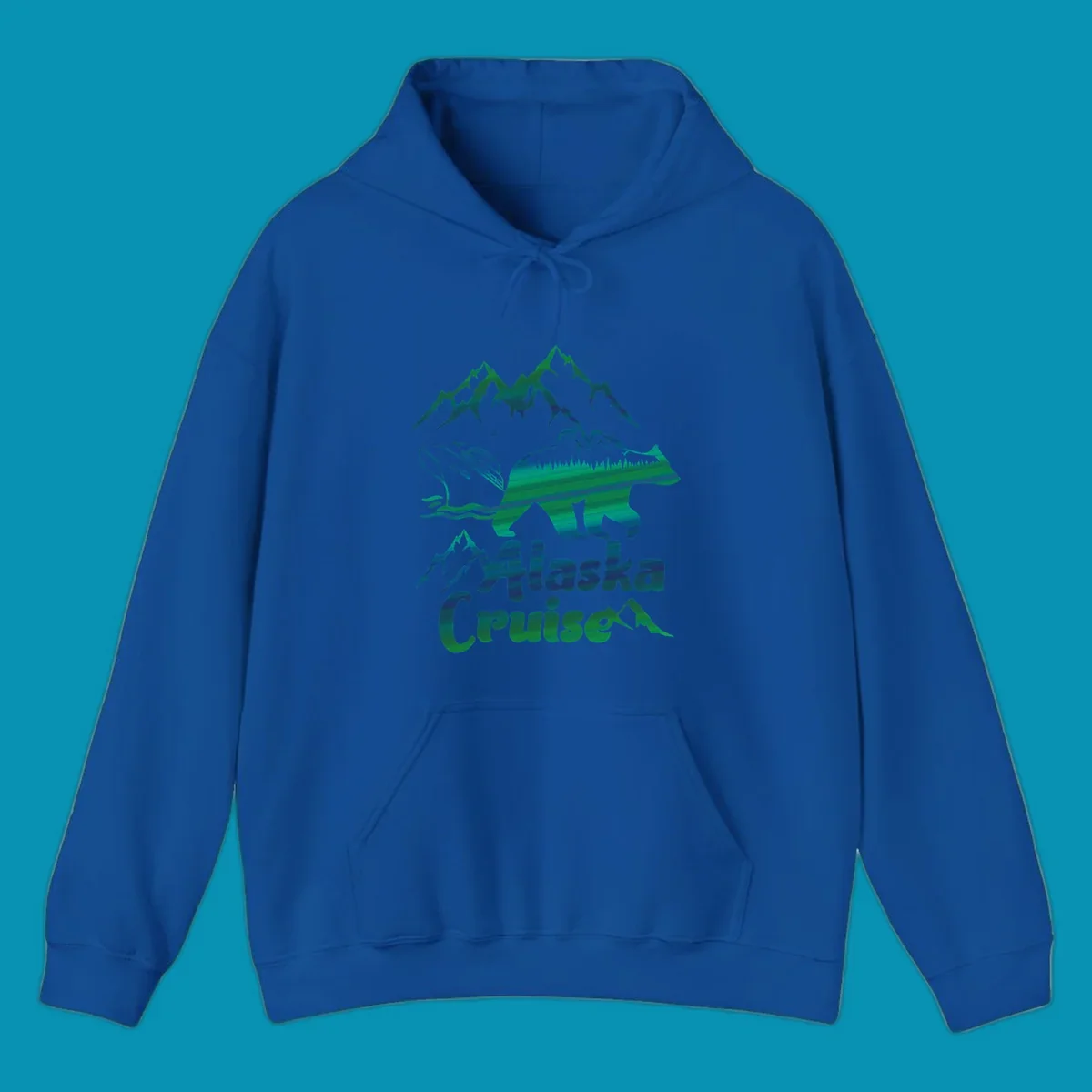 Bear silhouette filled with layered Alaska landscape imagery including mountains, cruise ship, forest, and ocean waves with 'Alaska Cruise' text below
