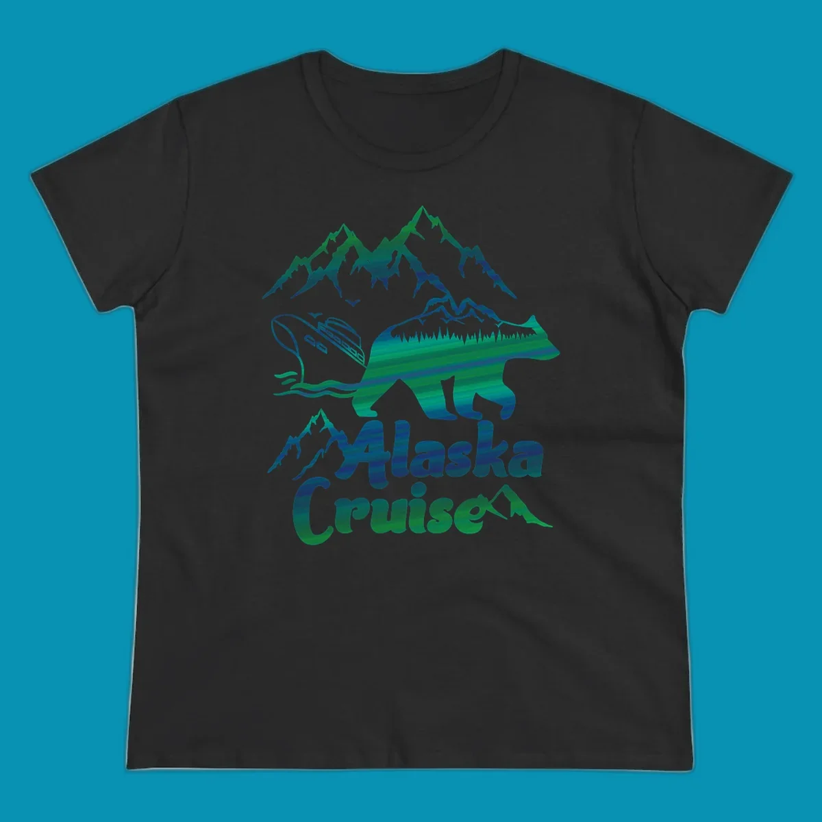 Bear silhouette filled with layered Alaska landscape imagery including mountains, cruise ship, forest, and ocean waves with 'Alaska Cruise' text below