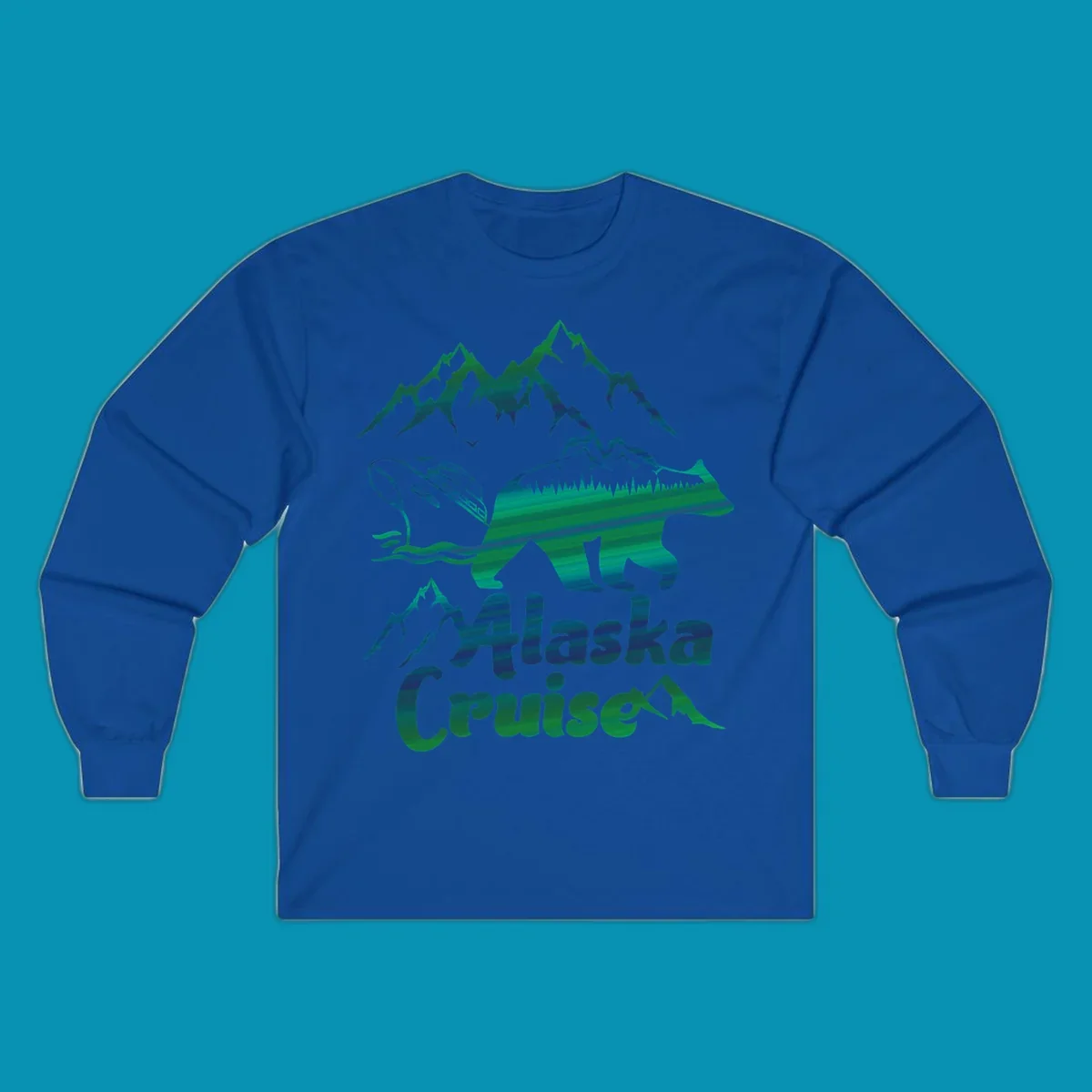 Bear silhouette filled with layered Alaska landscape imagery including mountains, cruise ship, forest, and ocean waves with 'Alaska Cruise' text below