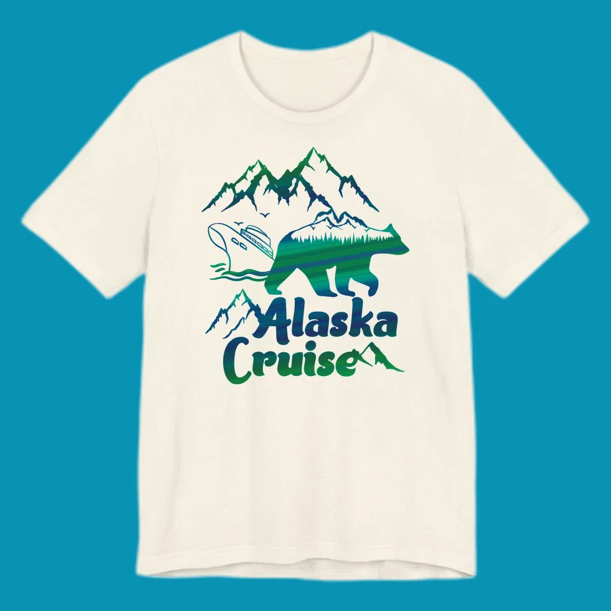 Bear silhouette filled with layered Alaska landscape imagery including mountains, cruise ship, forest, and ocean waves with 'Alaska Cruise' text below