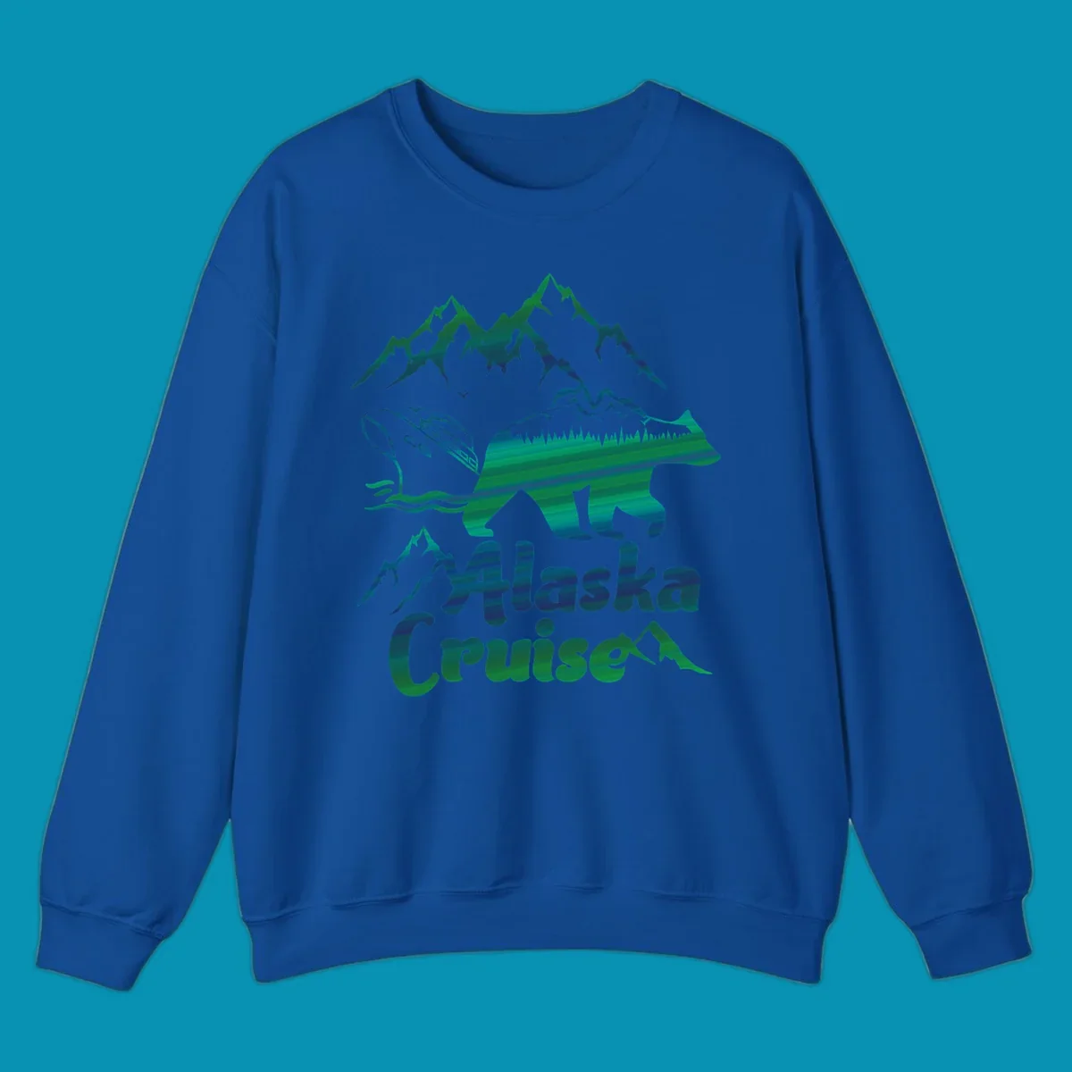 Bear silhouette filled with layered Alaska landscape imagery including mountains, cruise ship, forest, and ocean waves with 'Alaska Cruise' text below